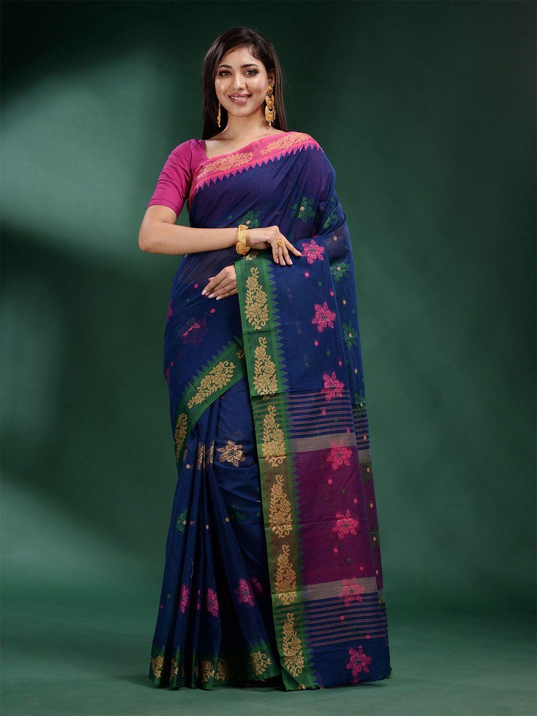 charukriti blue & green floral pure cotton saree