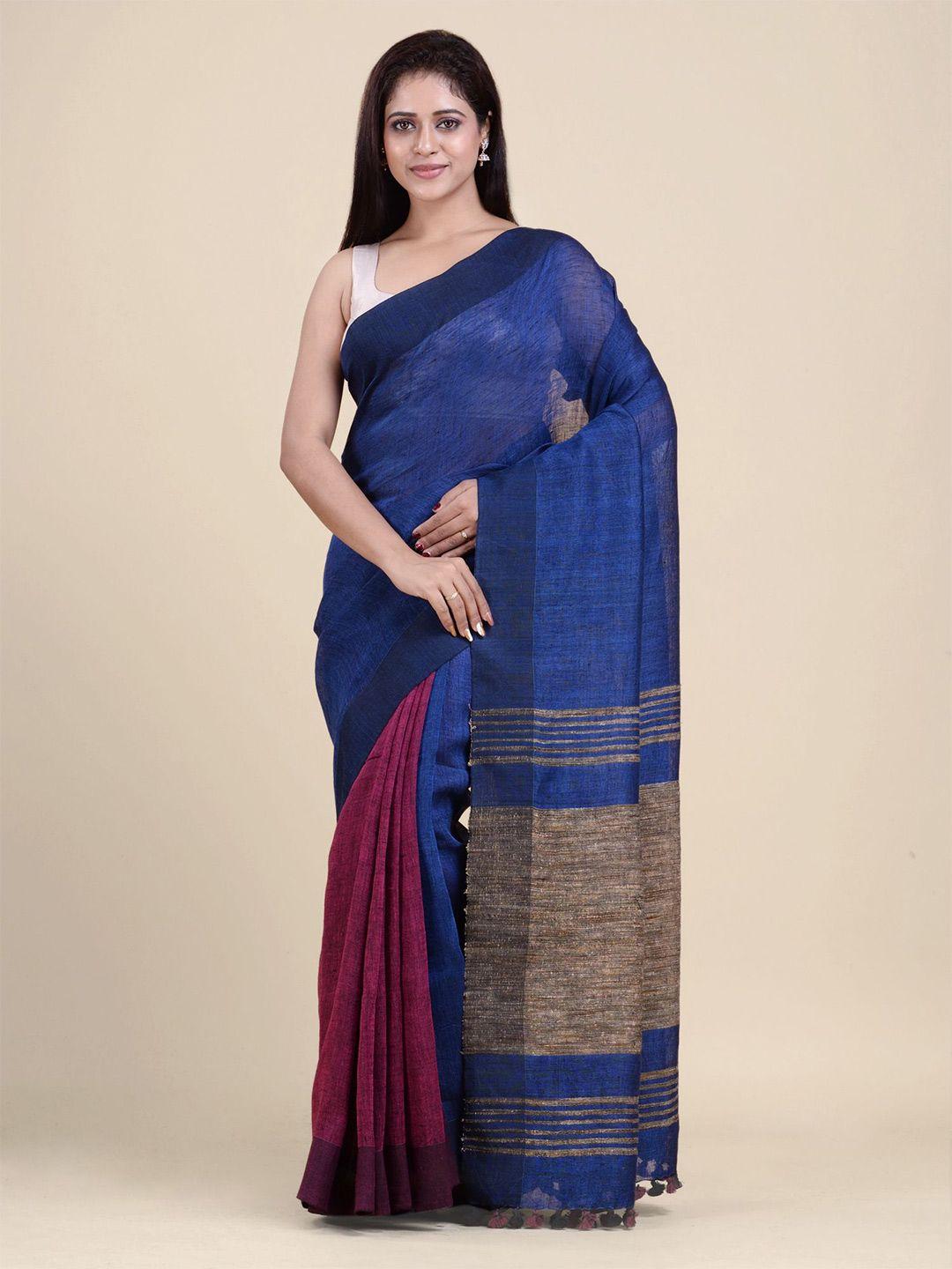 charukriti blue & maroon pure linen saree