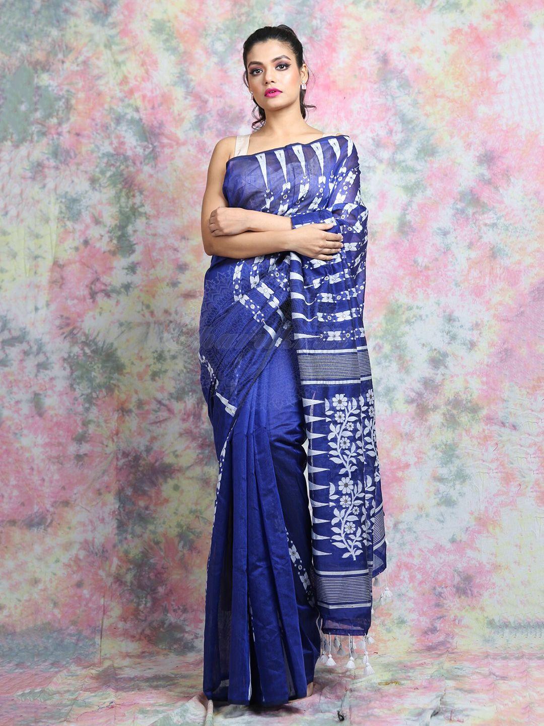 charukriti blue & off white floral silk cotton jamdani saree