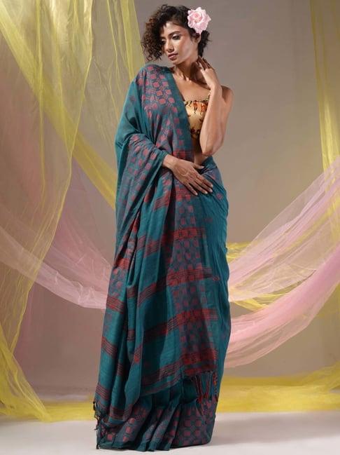 charukriti blue & orange cotton woven saree with unstitched blouse