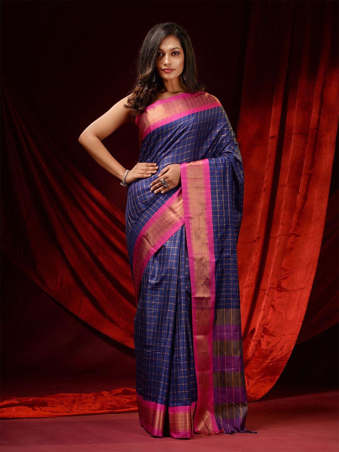 charukriti blue & pink checked zari silk cotton saree