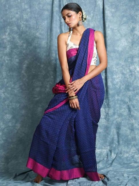 charukriti blue & pink cotton textured saree with unstitched blouse