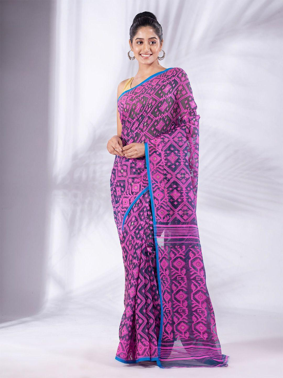 charukriti blue & pink ethnic motifs silk cotton jamdani saree