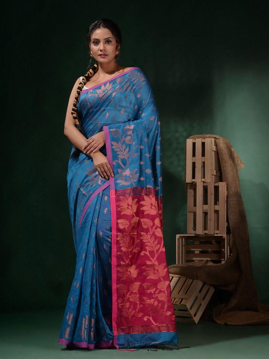 charukriti blue & pink ethnic motifs zari silk cotton saree