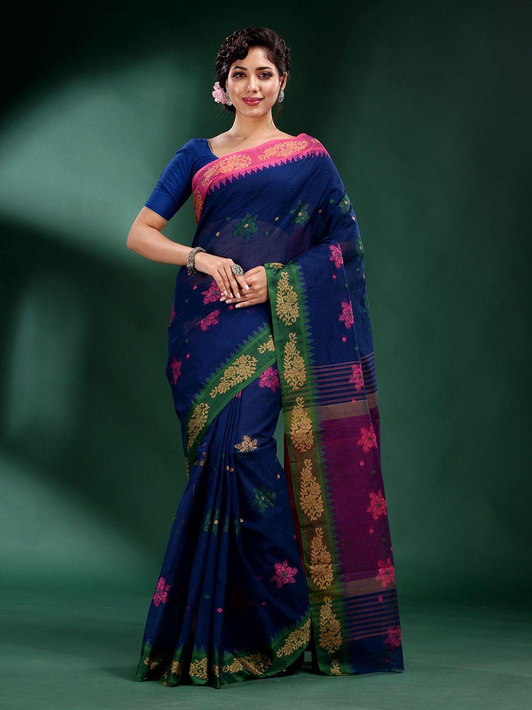 charukriti blue & pink floral pure cotton saree