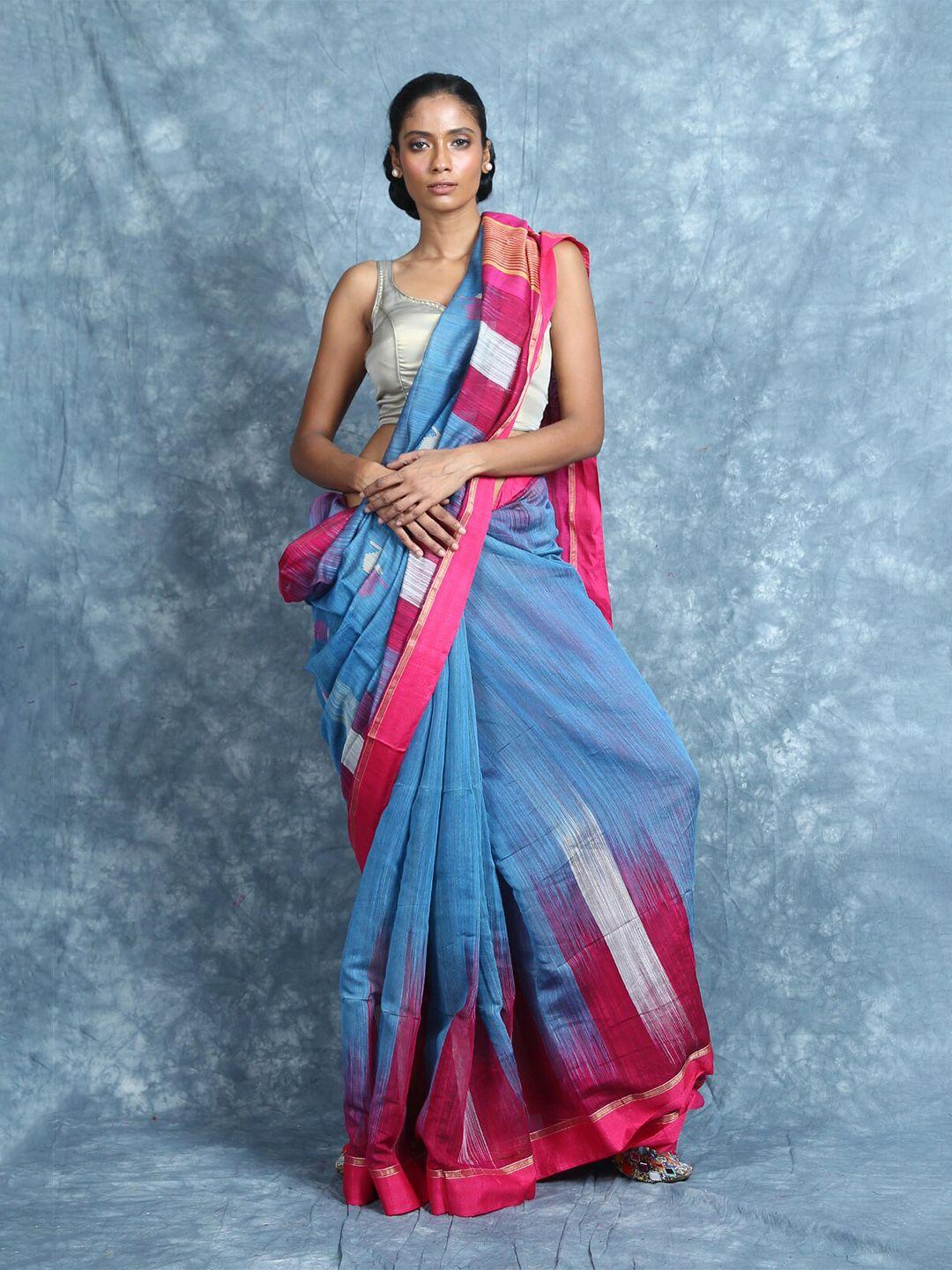 charukriti blue & pink woven design cotton blend handloom saree