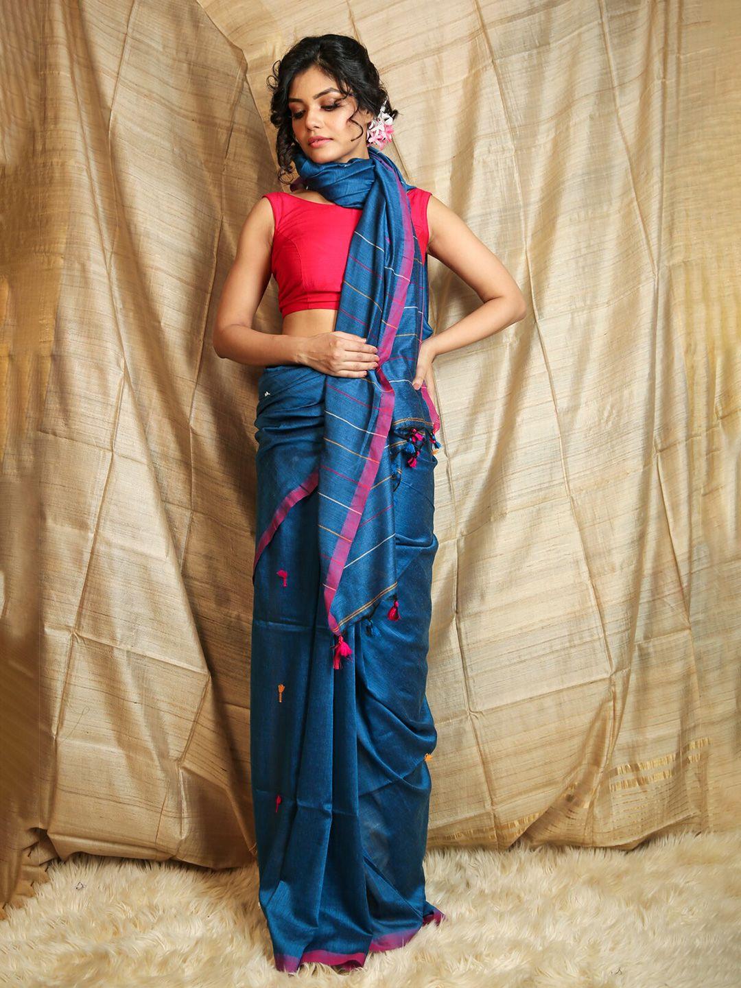 charukriti blue & pink woven design cotton handloom with thread buti work saree