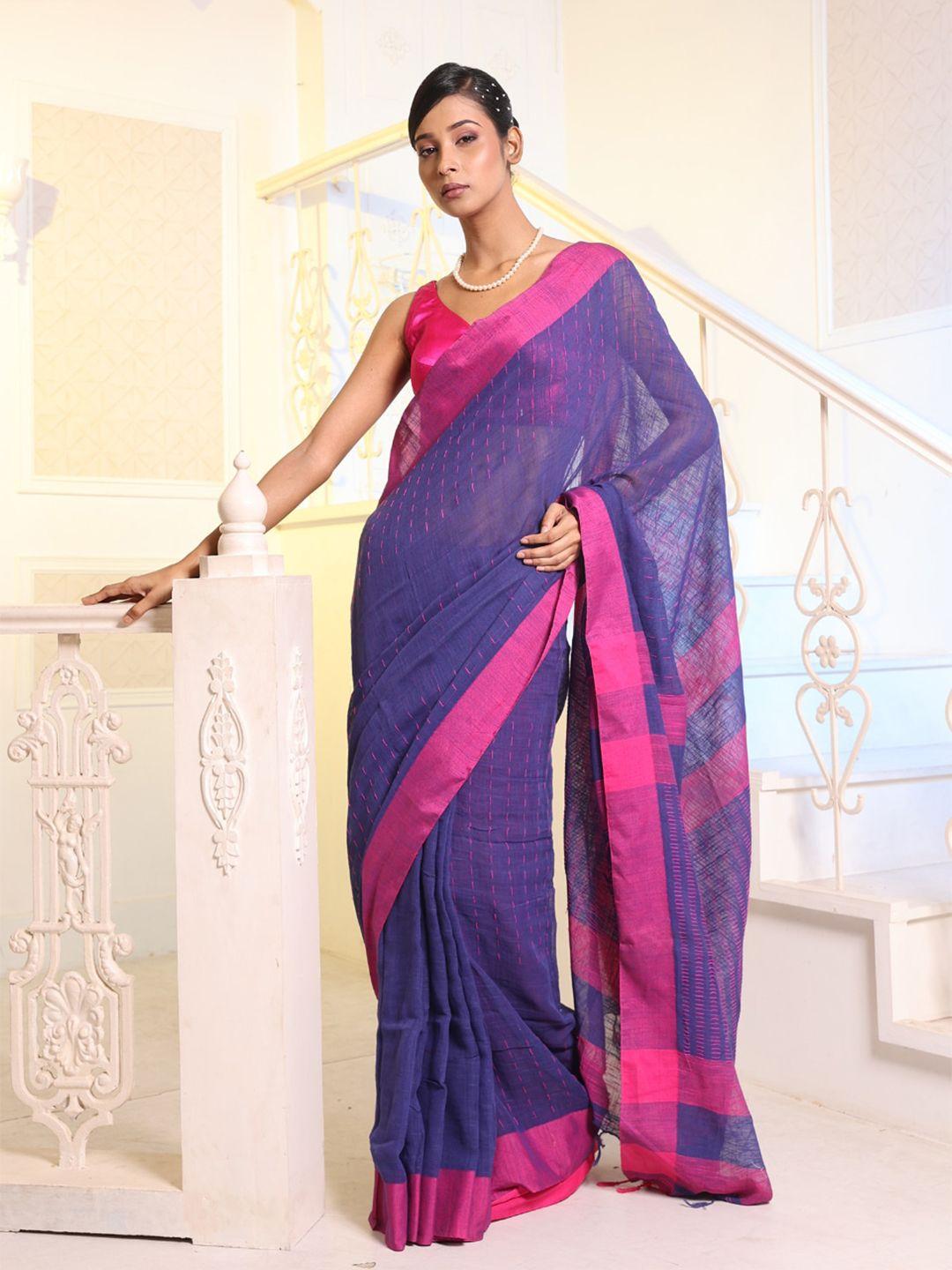 charukriti blue & pink woven design pure cotton saree