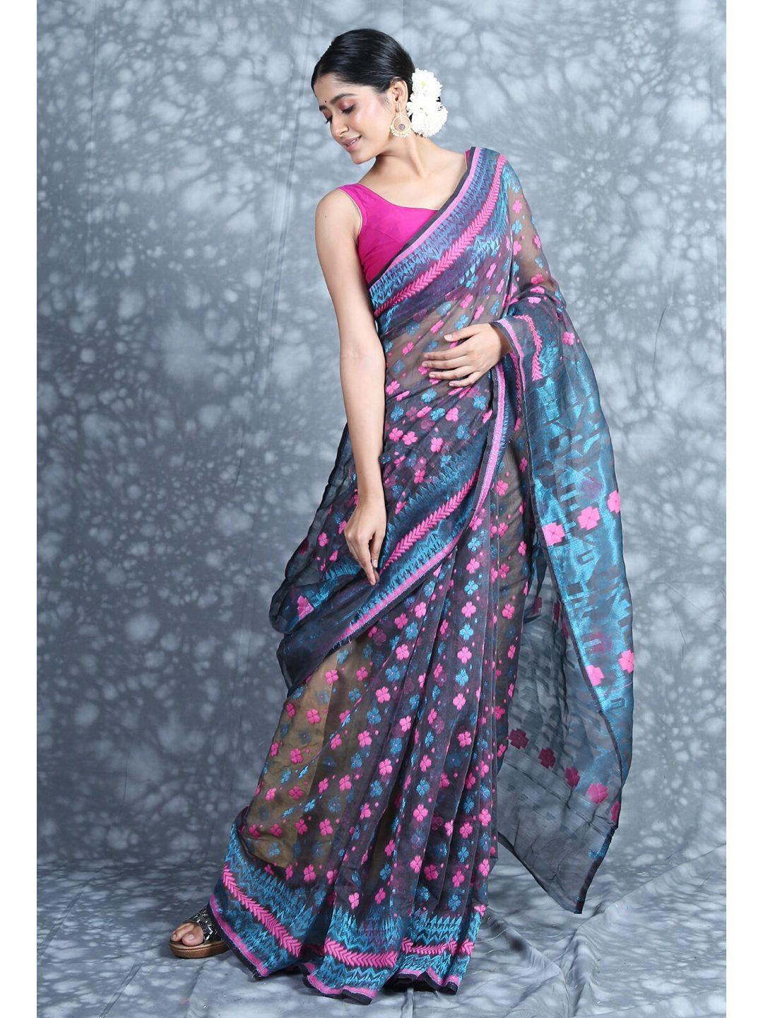 charukriti blue & pink woven design silk cotton jamdani saree