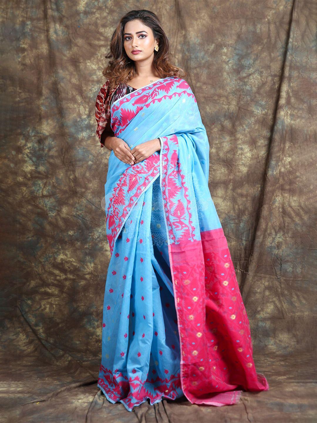 charukriti blue & pink woven design silk cotton jamdani saree