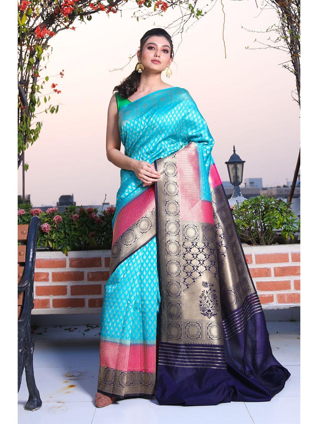 charukriti blue & pink woven design zari brocade saree