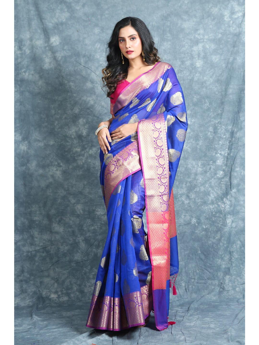 charukriti blue & pink woven design zari pure cotton saree