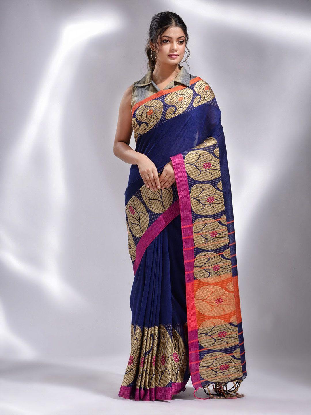 charukriti blue & pink woven design zari pure cotton saree