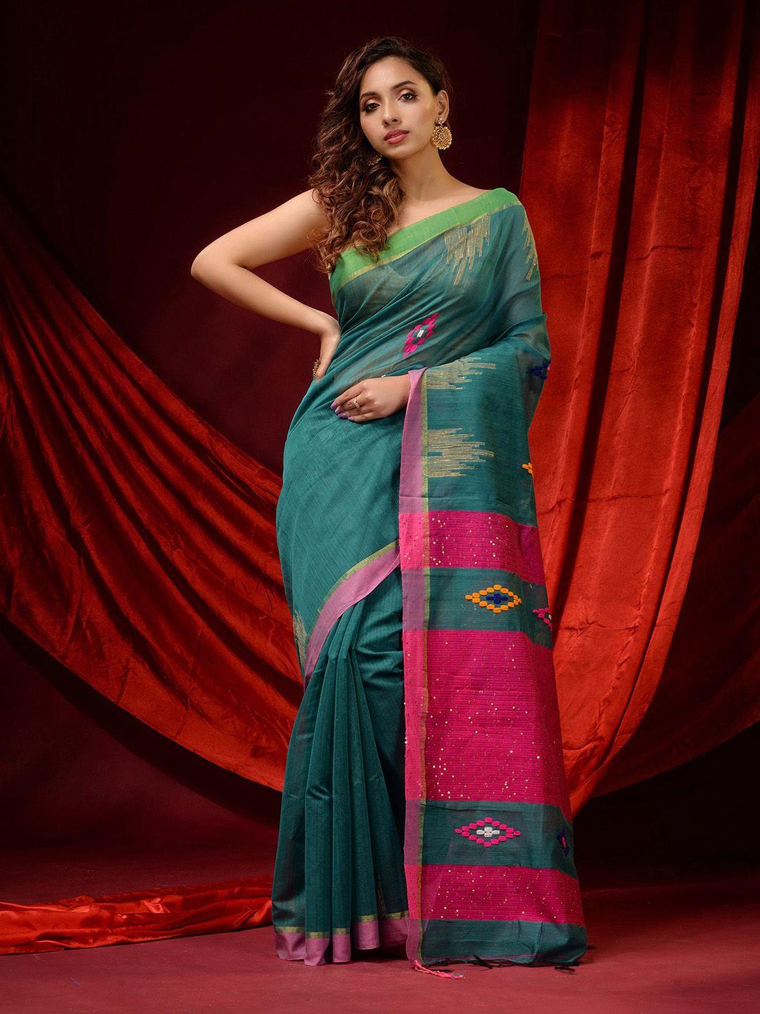 charukriti blue & pink woven design zari silk cotton saree