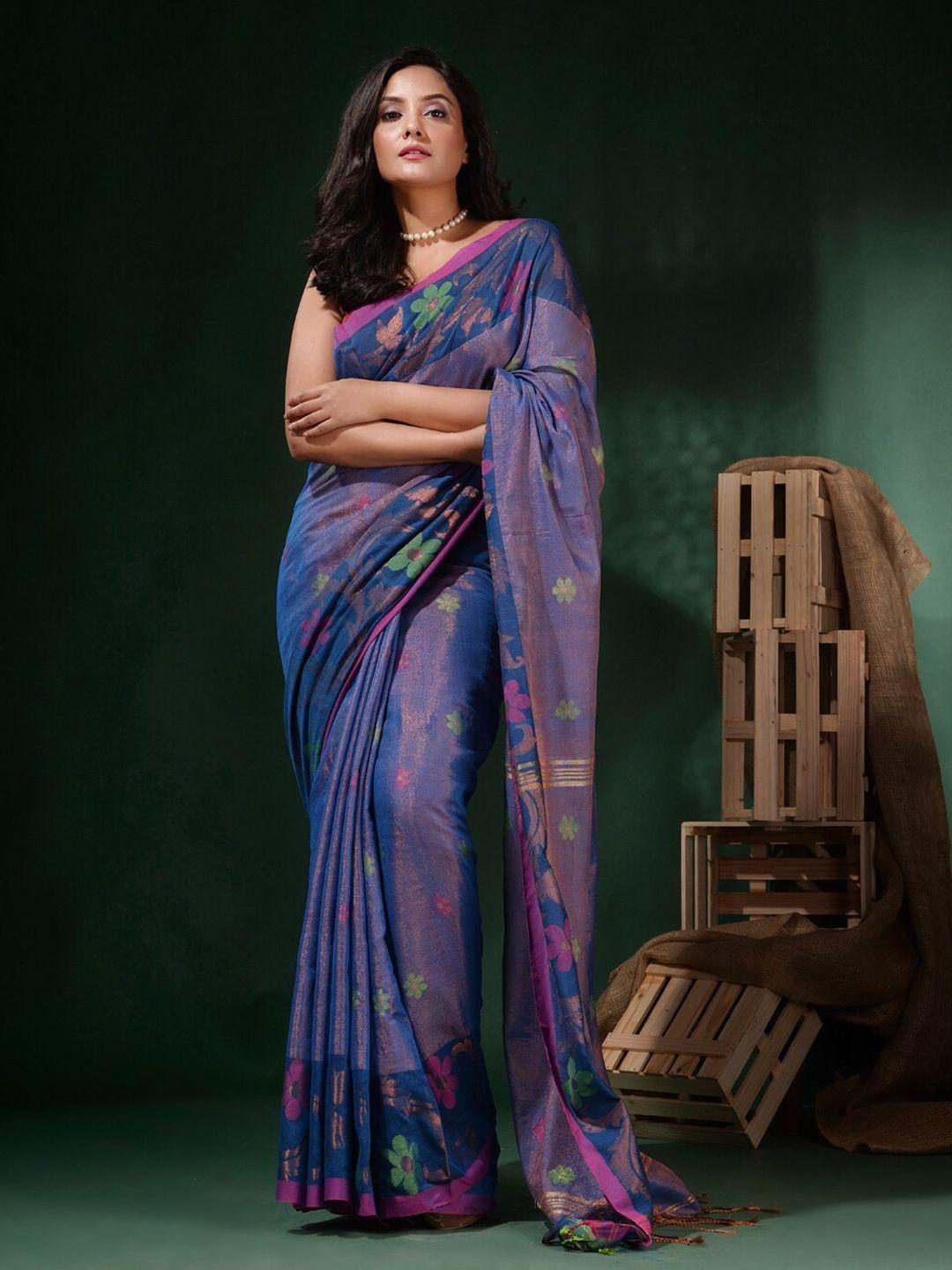 charukriti blue & pink woven design zari tissue saree