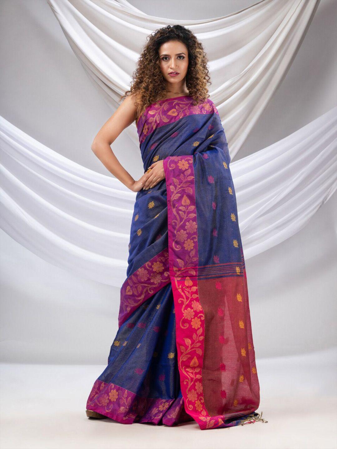 charukriti blue & pink woven design zari tissue saree