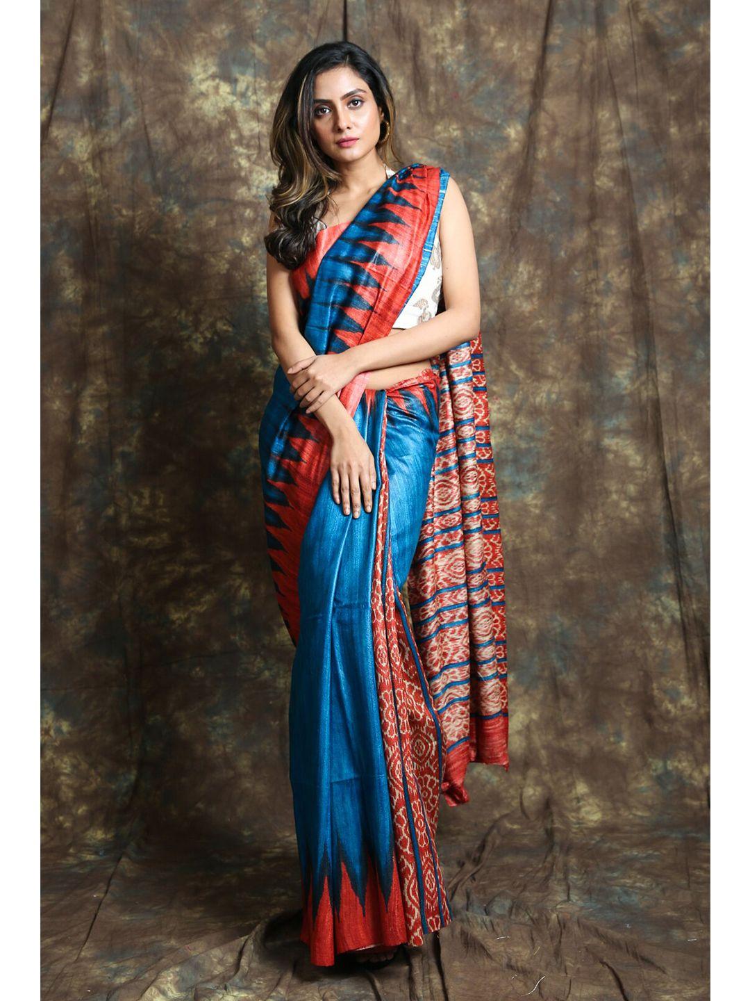 charukriti blue & red geometric printed pure silk saree