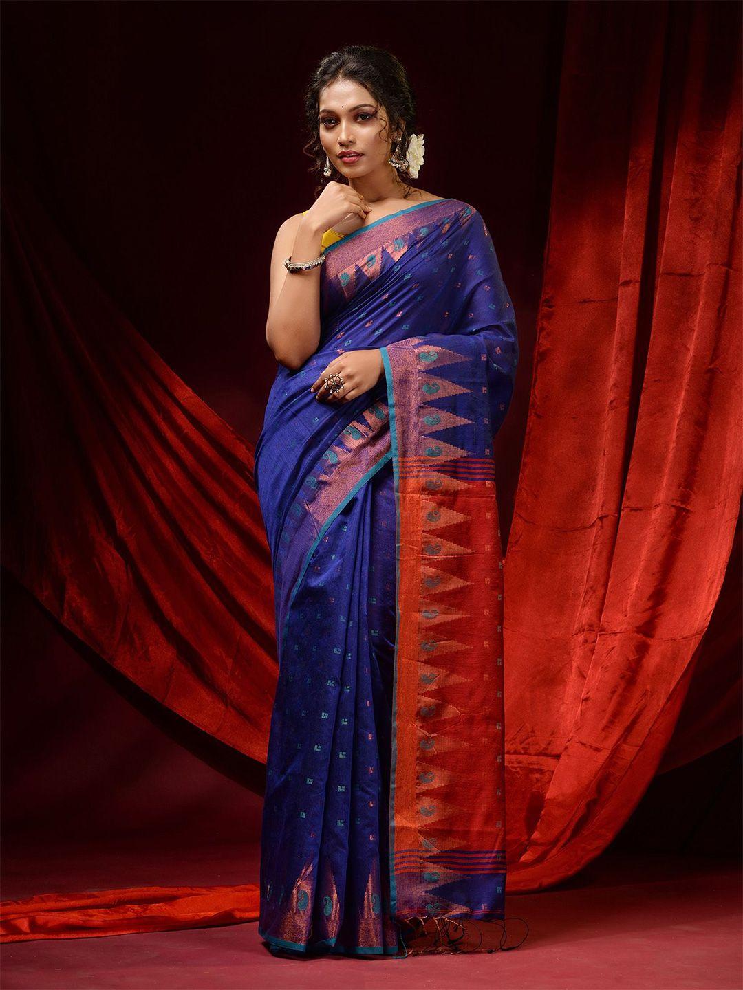 charukriti blue & red paisley zari saree