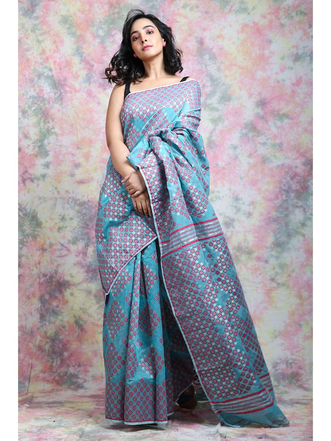 charukriti blue & red woven design silk cotton jamdani saree