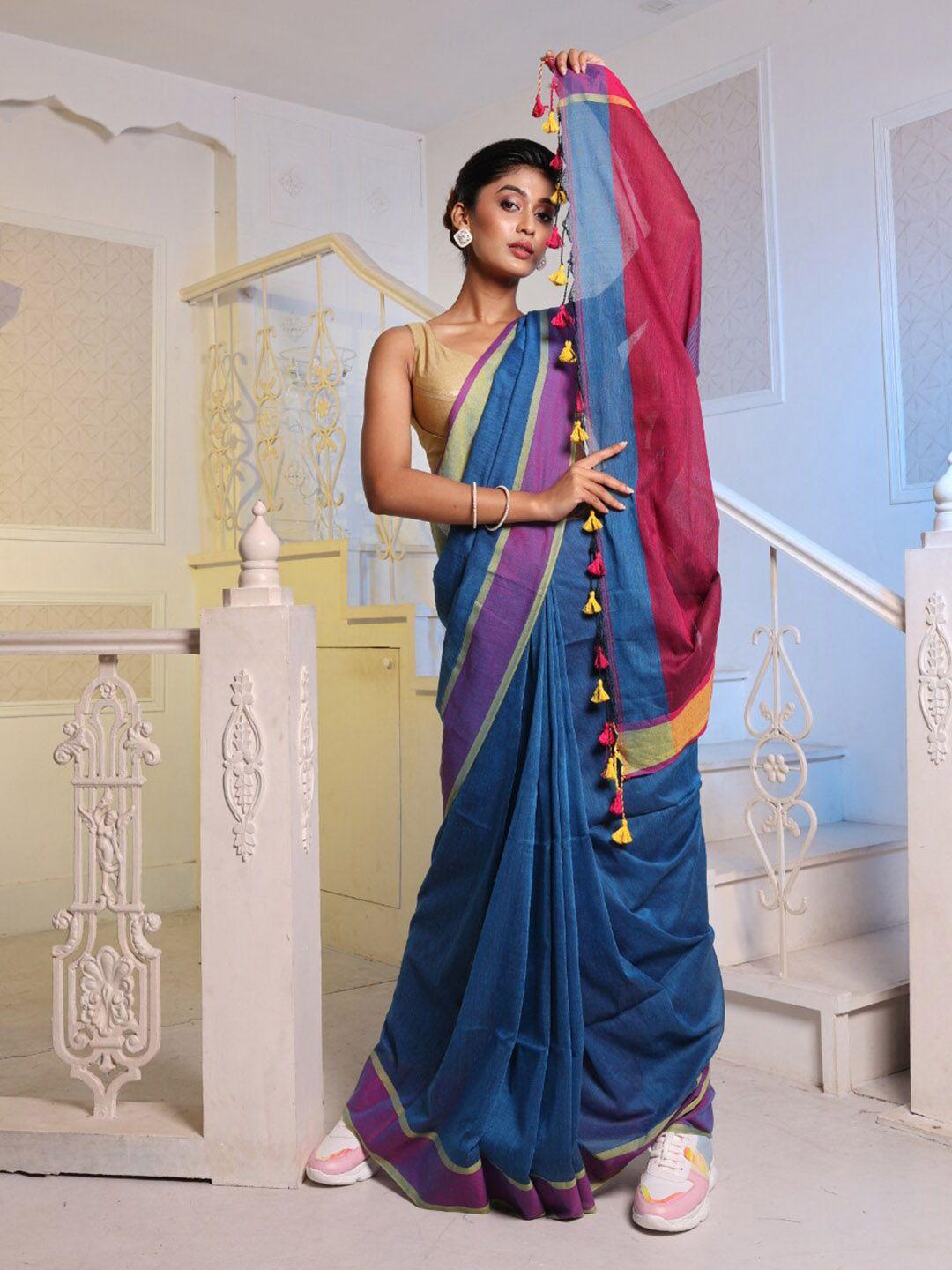 charukriti blue & red zari pure cotton saree