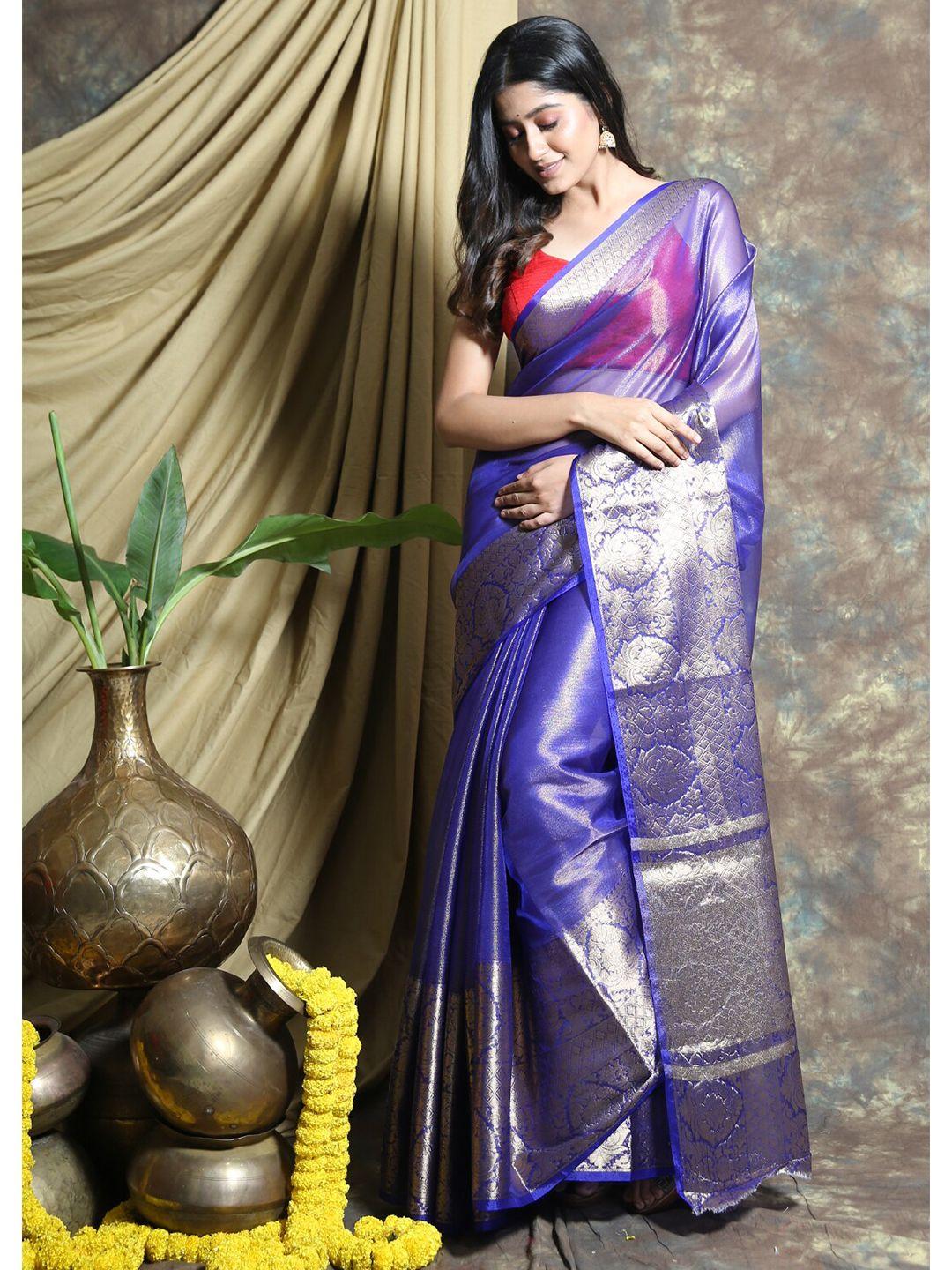 charukriti blue & silver-toned zari tissue saree