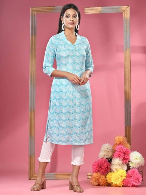 charukriti blue & white cotton printed kurta pant set