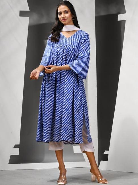 charukriti blue & white cotton striped kurta pant set with dupatta