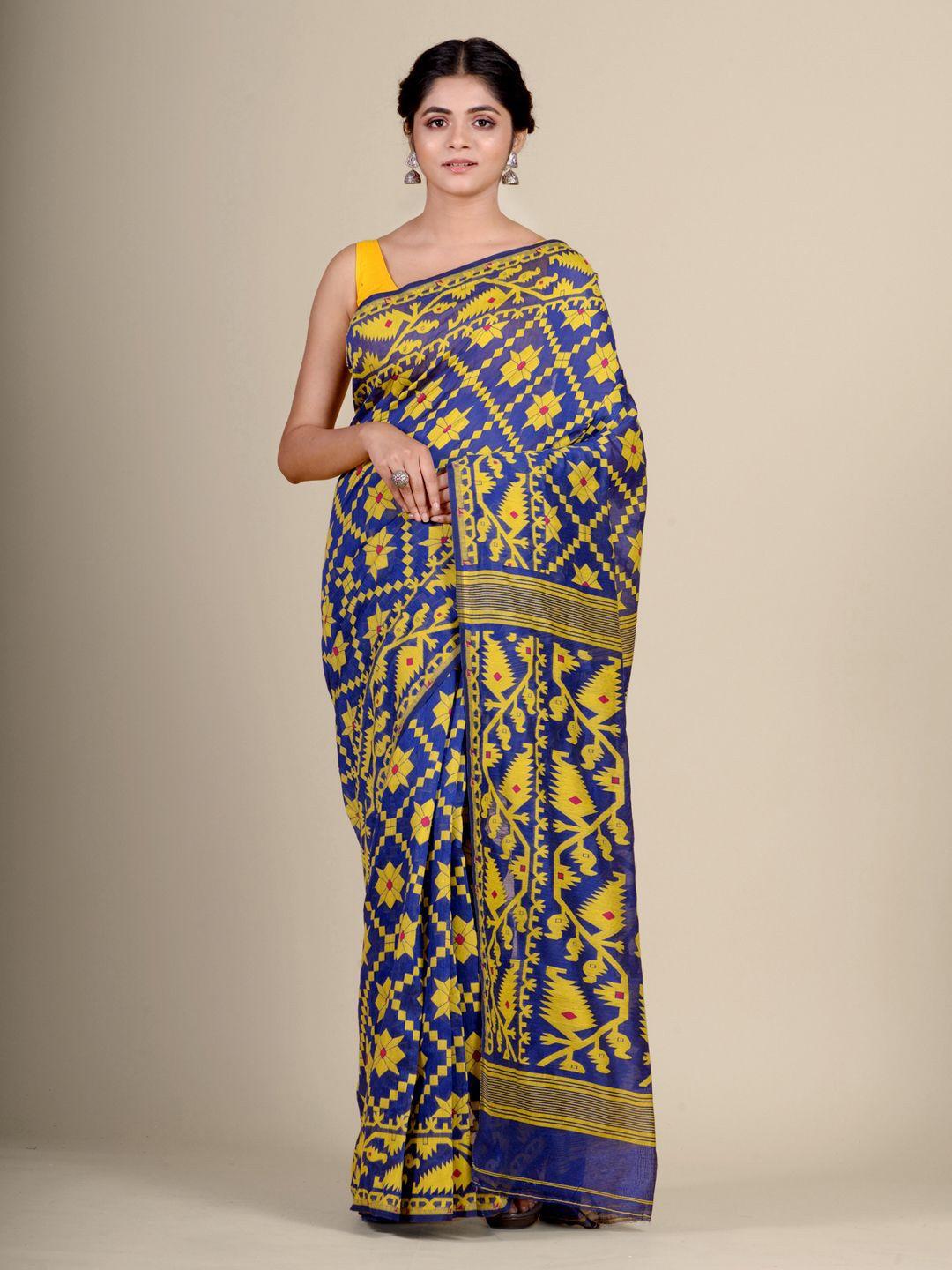 charukriti blue & yellow geometric woven design jamdani saree