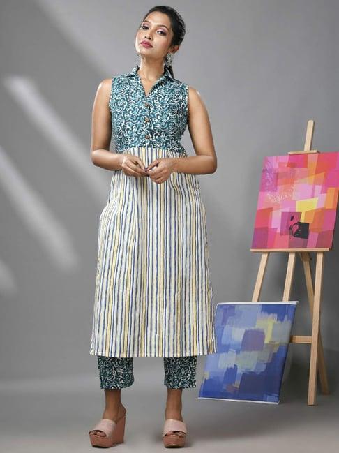 charukriti blue cotton printed kurta pant set
