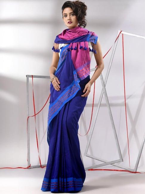 charukriti blue cotton striped saree with unstitched blouse