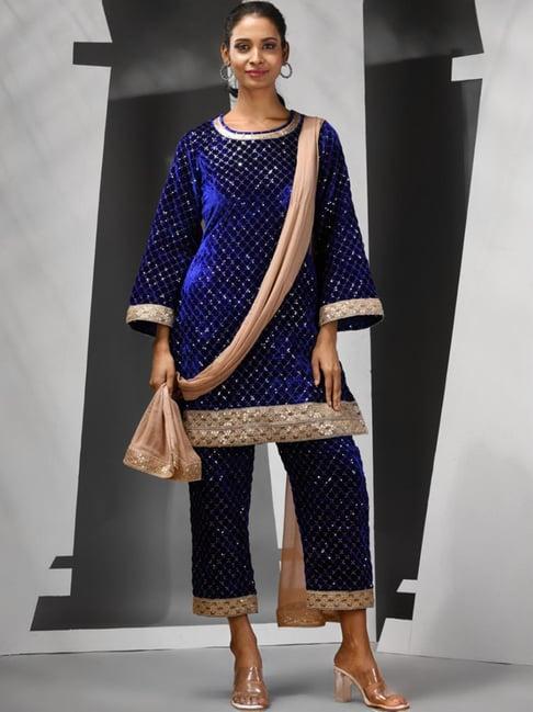 charukriti blue embellished kurta pant set with dupatta