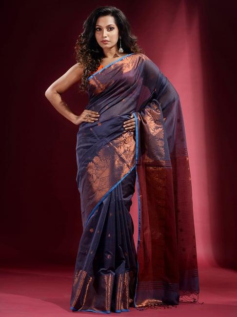 charukriti blue woven saree with unstitched blouse