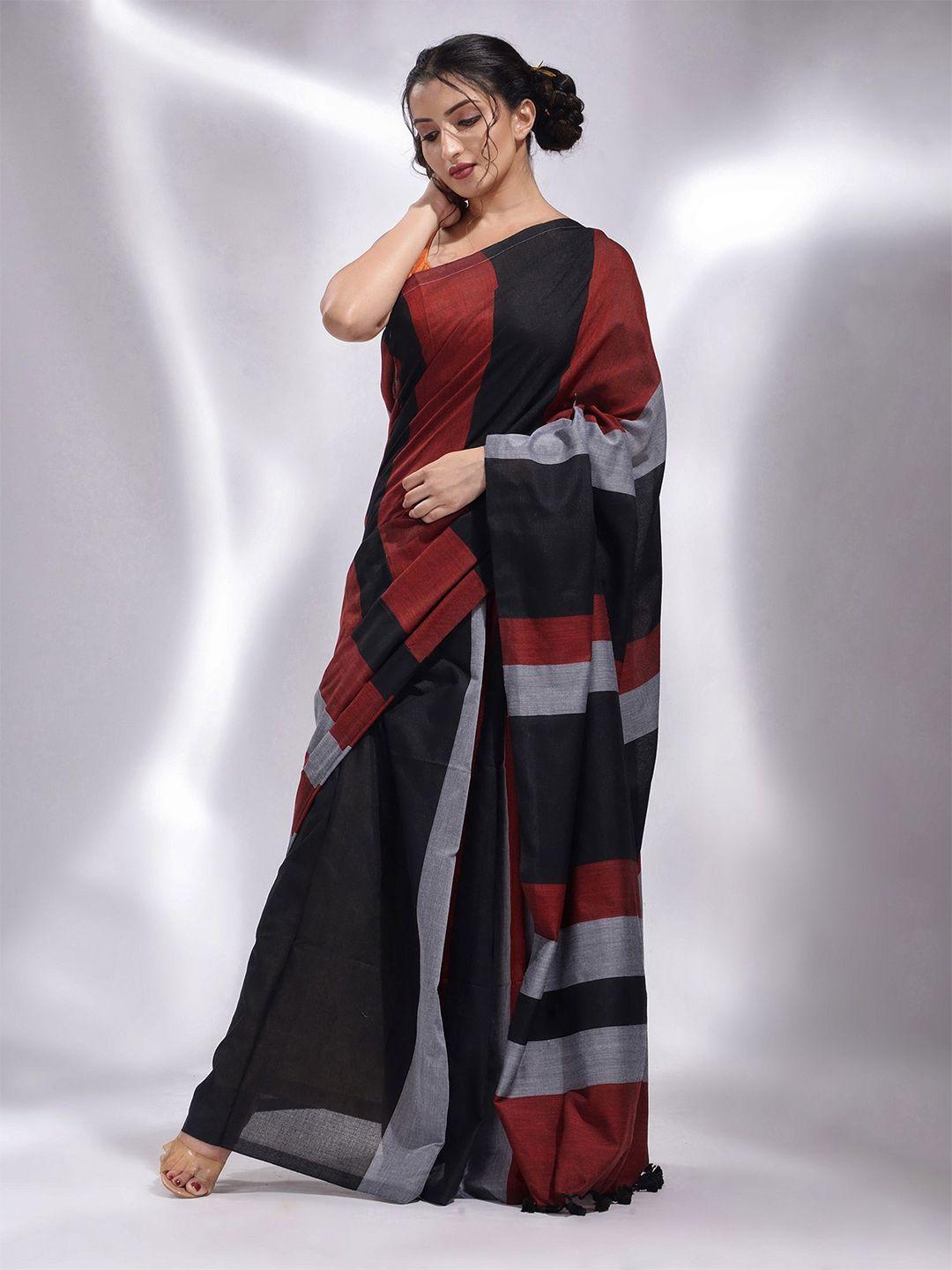 charukriti brown & black colourblocked pure cotton saree