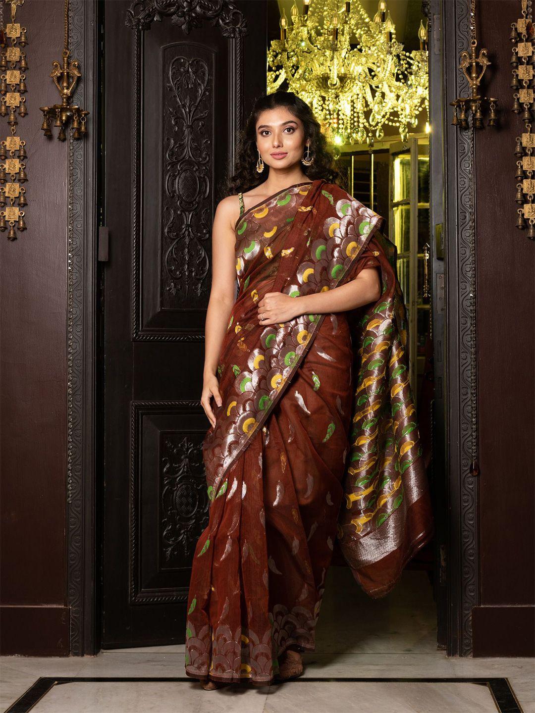 charukriti brown & blue woven design silk cotton jamdani saree