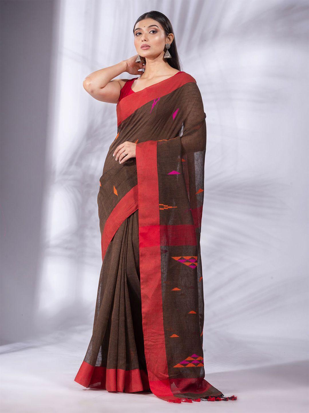 charukriti brown & coral woven design pure linen saree