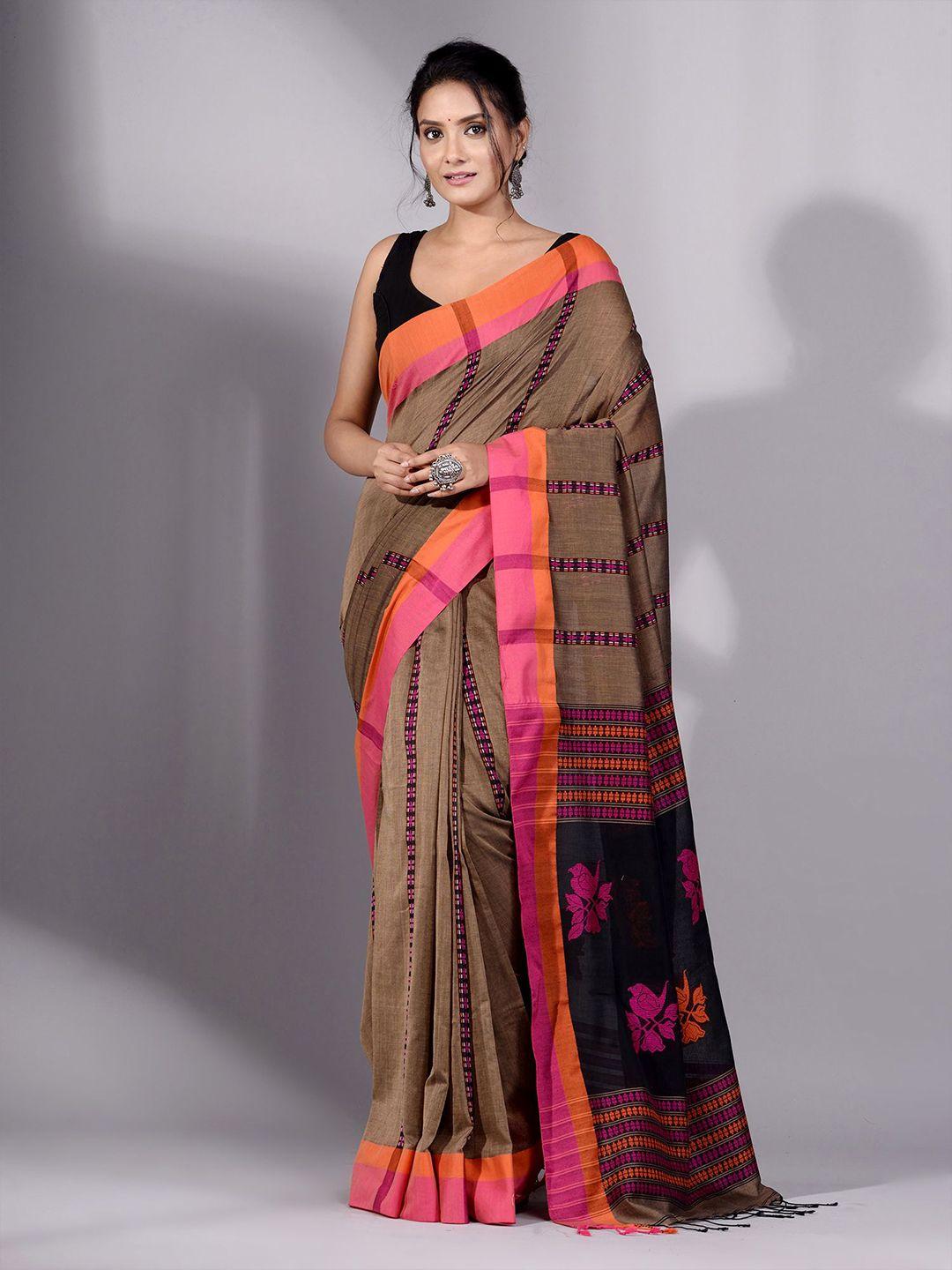 charukriti brown & magenta woven design pure cotton saree