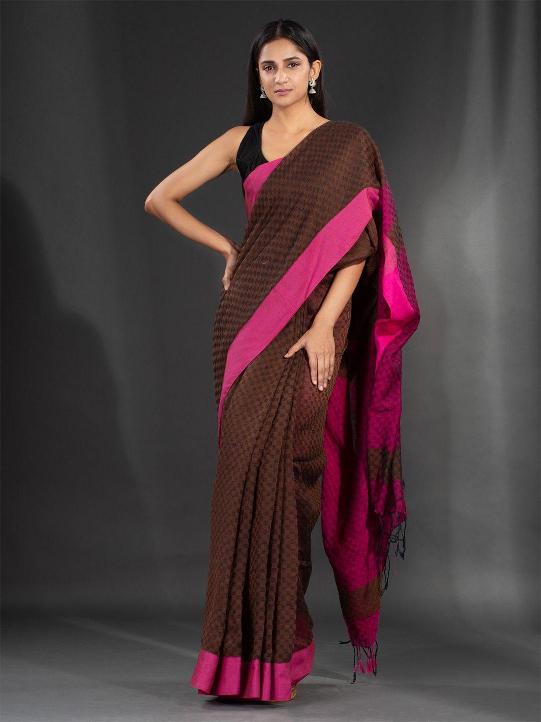 charukriti brown & pink woven design pure cotton saree