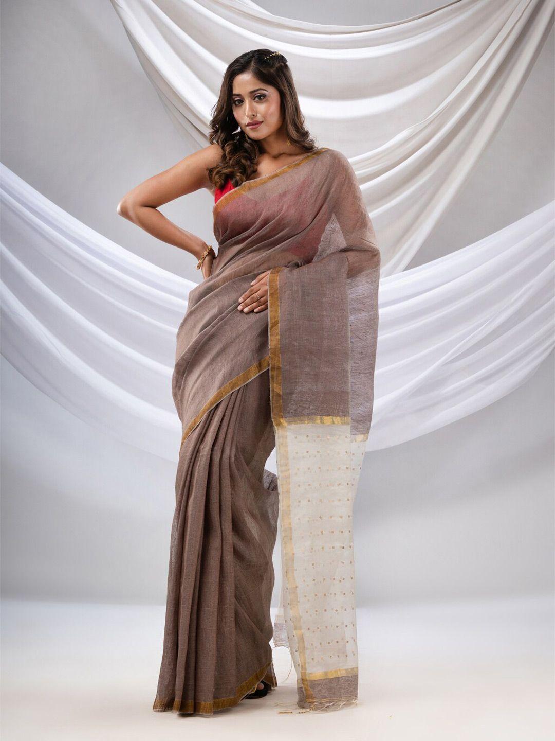 charukriti brown & white zari linen blend saree