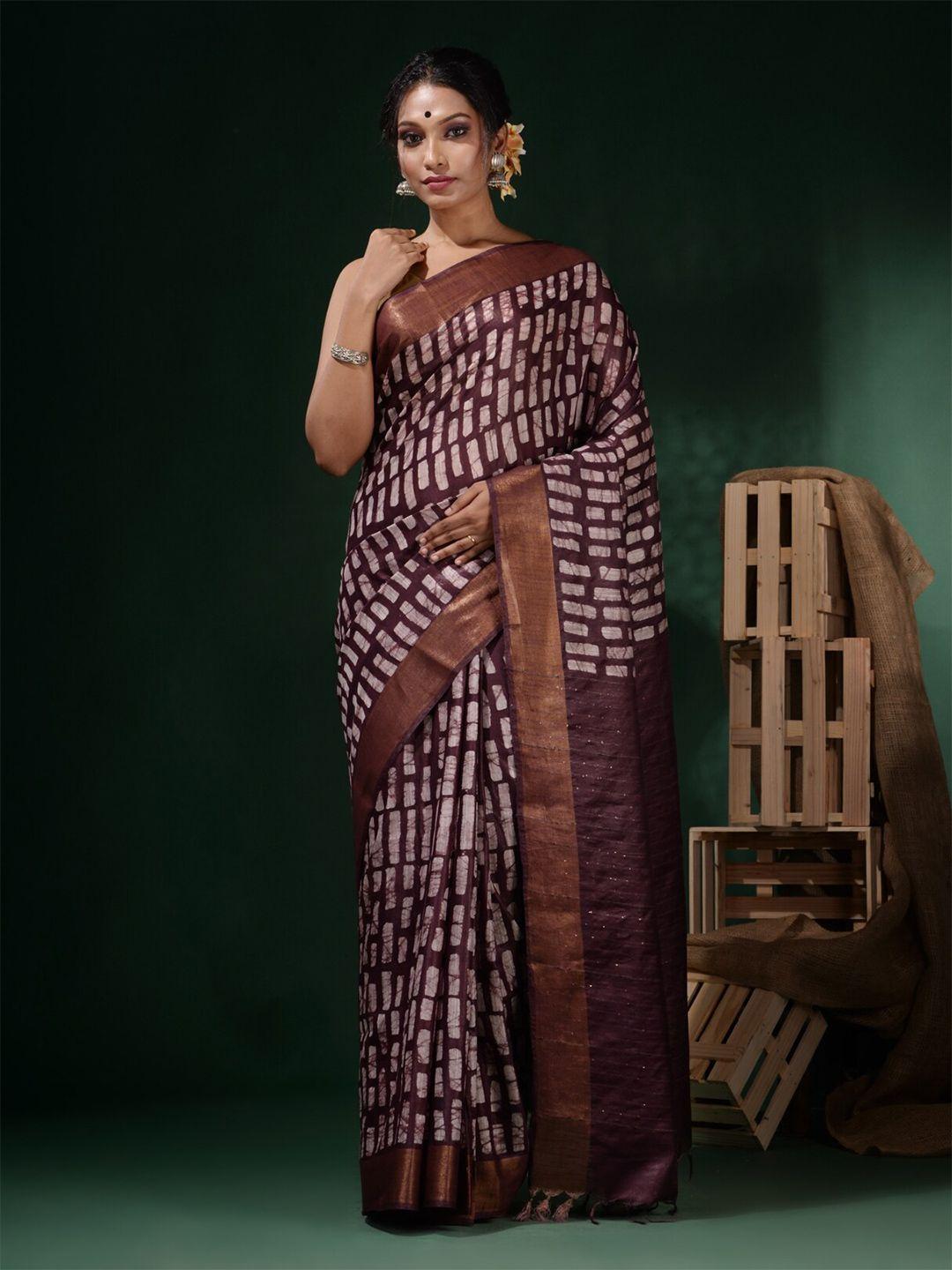 charukriti brown & white zari silk blend block print saree