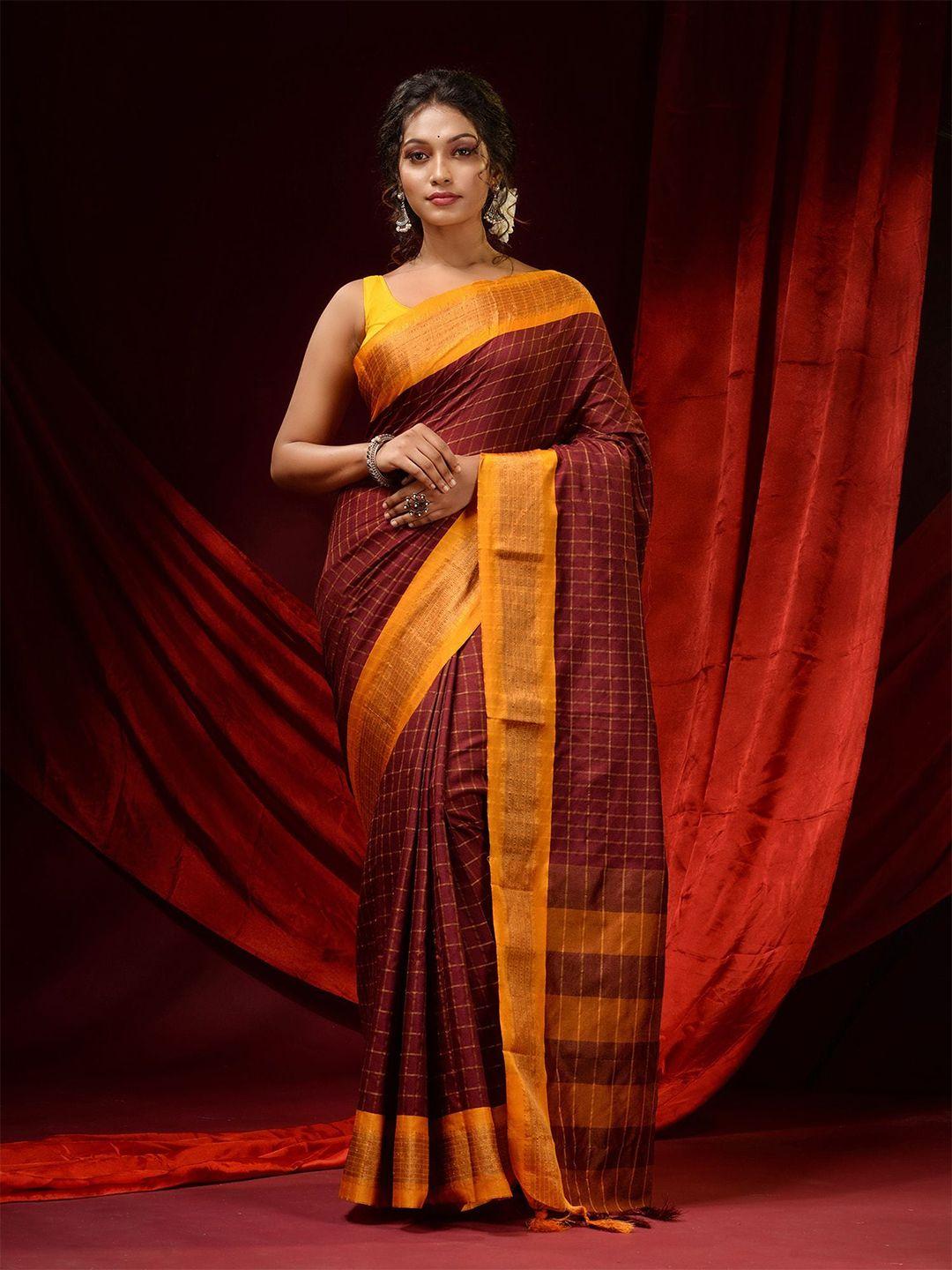 charukriti brown & yellow checked zari silk cotton saree