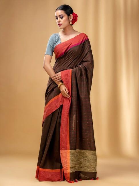 charukriti brown cotton embellished saree with unstitched blouse