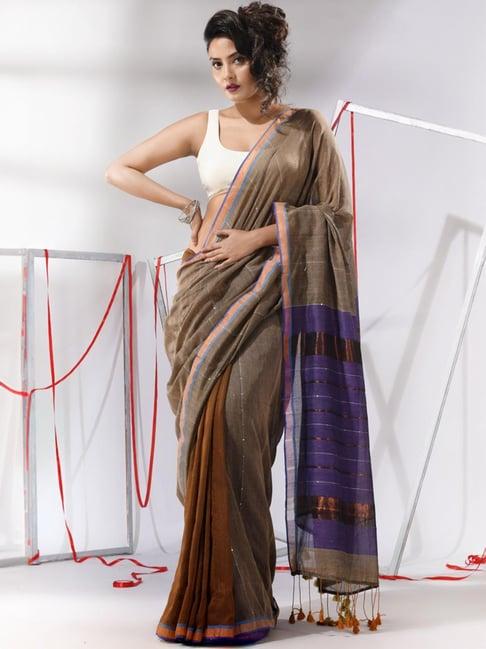 charukriti brown cotton embellished saree with unstitched blouse