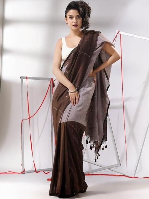 charukriti brown cotton embellished saree with unstitched blouse