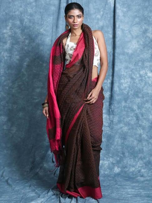 charukriti brown cotton textured saree with unstitched blouse