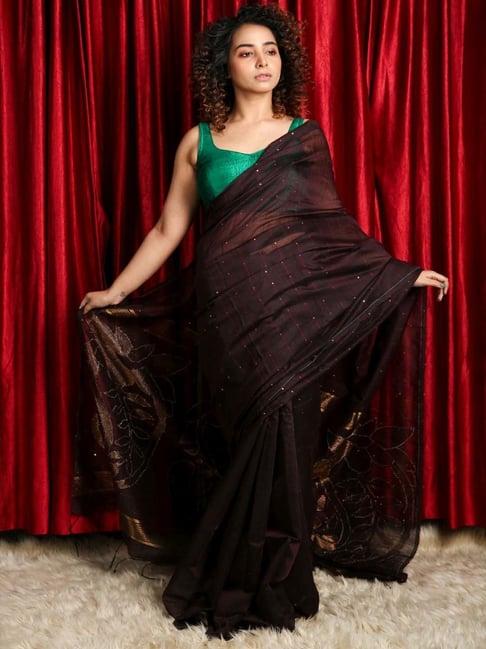 charukriti brown embellished saree with unstitched blouse