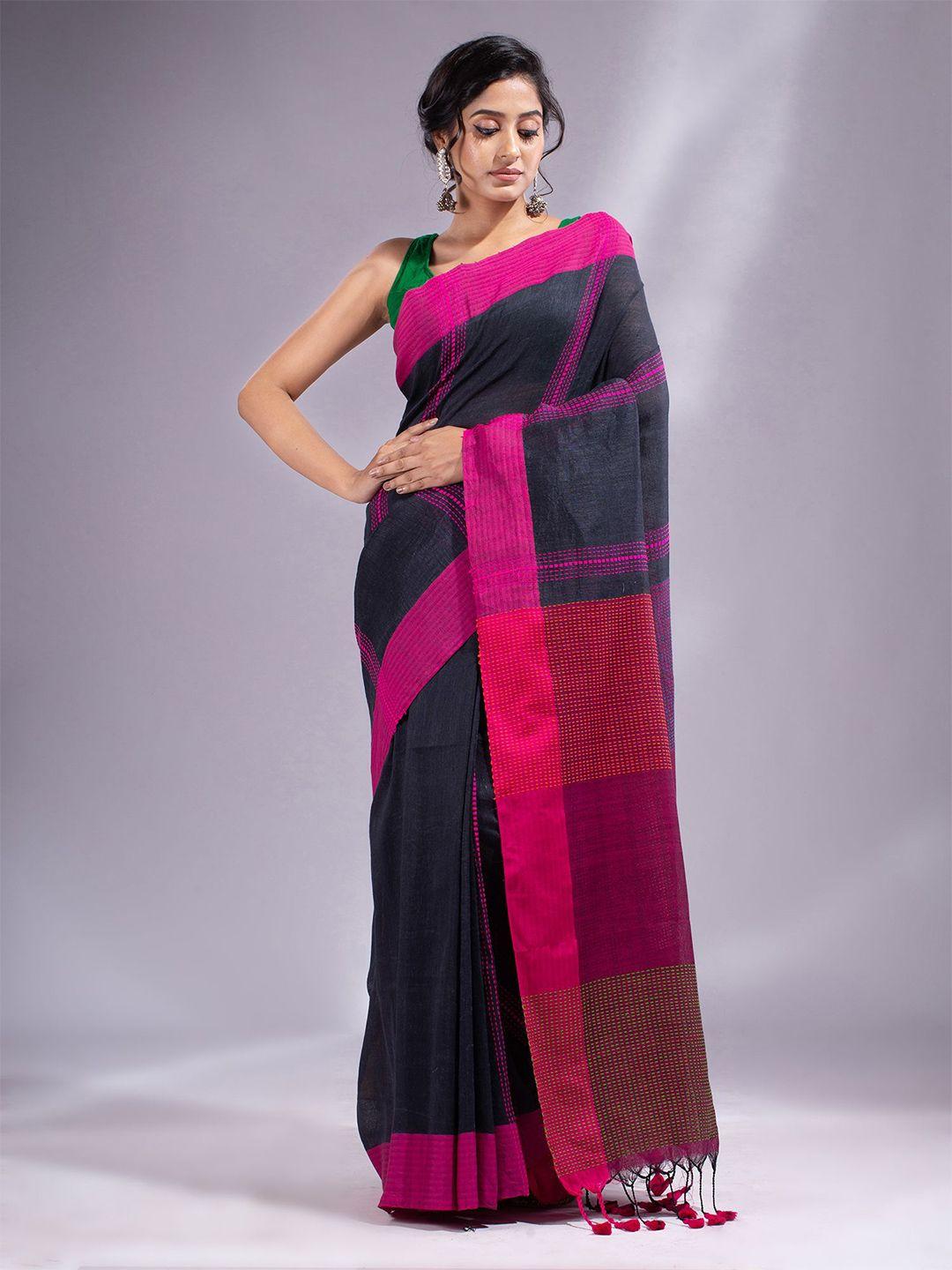 charukriti charcoal & pink striped pure cotton saree