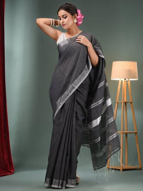 charukriti charcoal grey striped saree with unstitched blouse