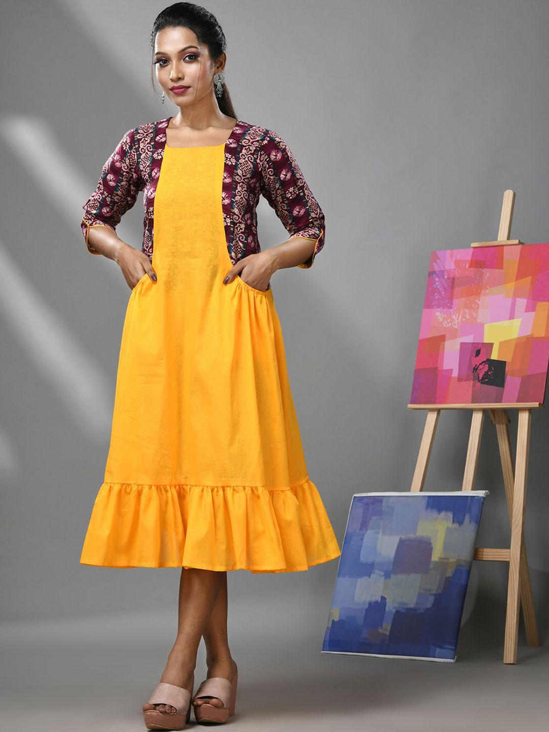 charukriti colourblocked fit & flared cotton midi gown with cape