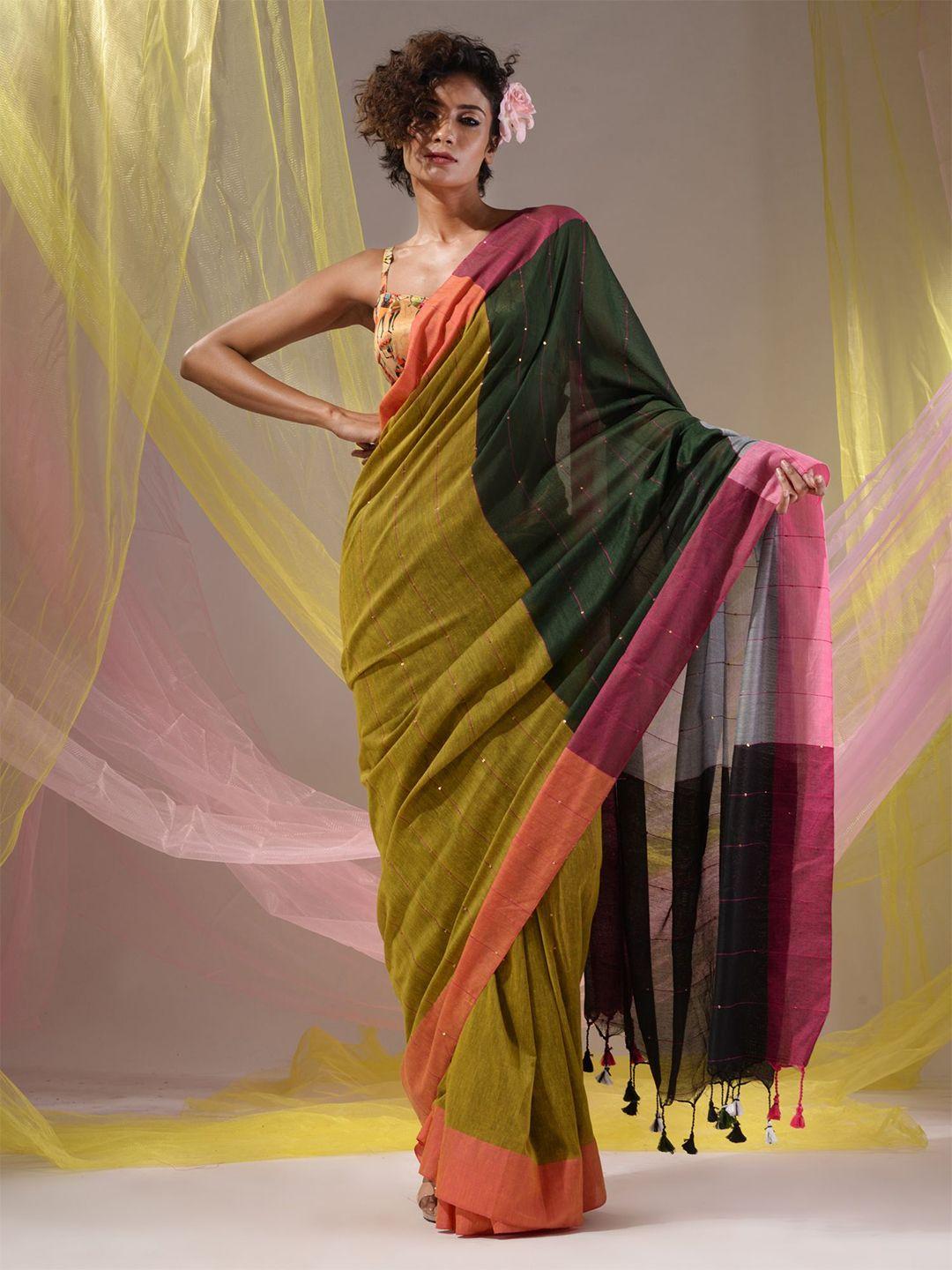 charukriti colourblocked sequinned pure cotton saree