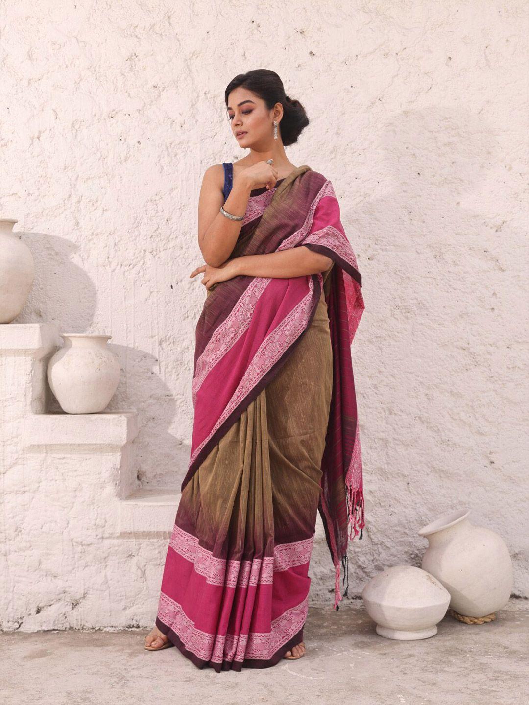 charukriti colourblocked woven design zari pure cotton ikat saree